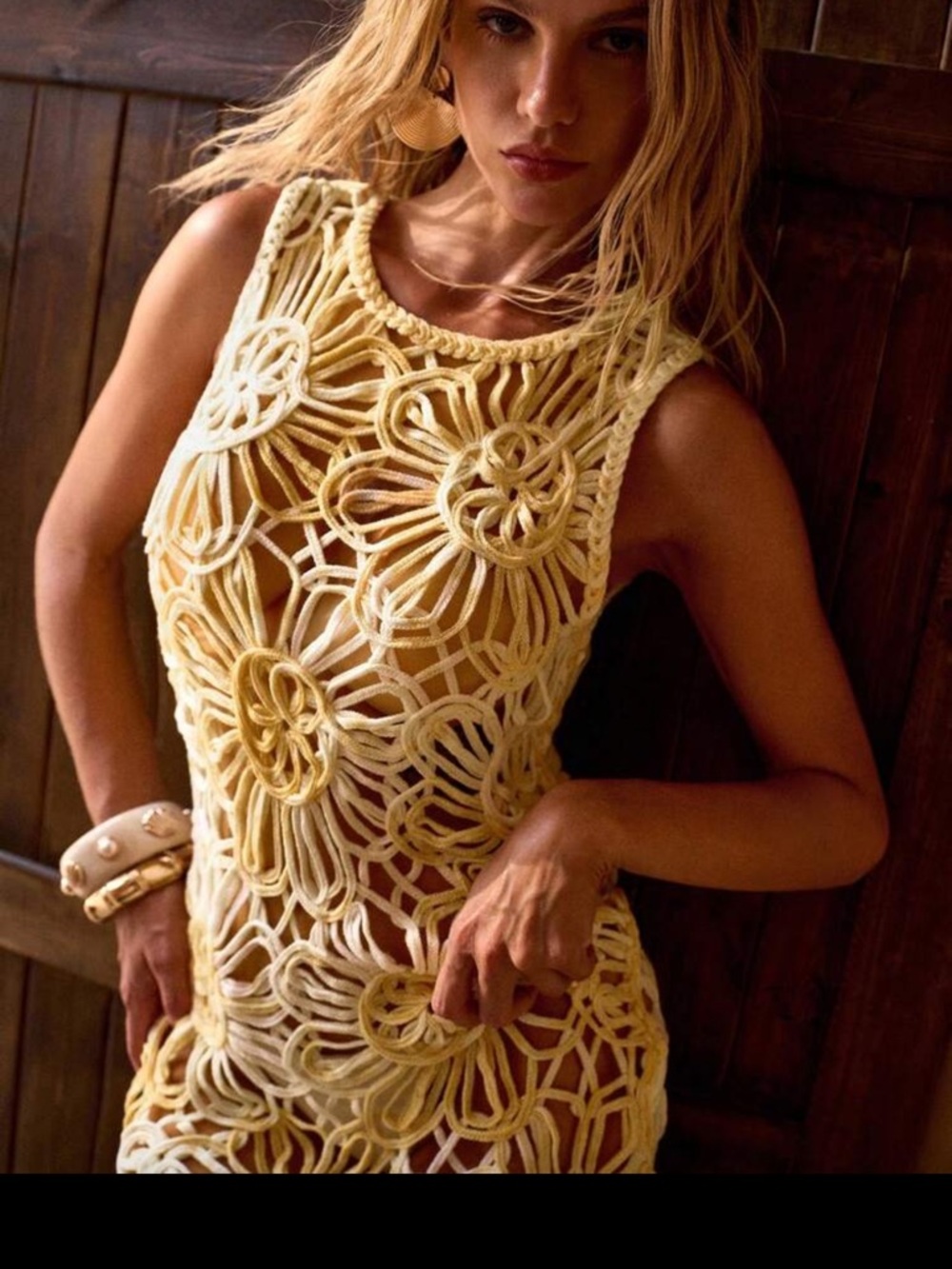 Crochet Floral Mini Dress ( Cover up) in Pale Yellow - - Picture 3 of 7